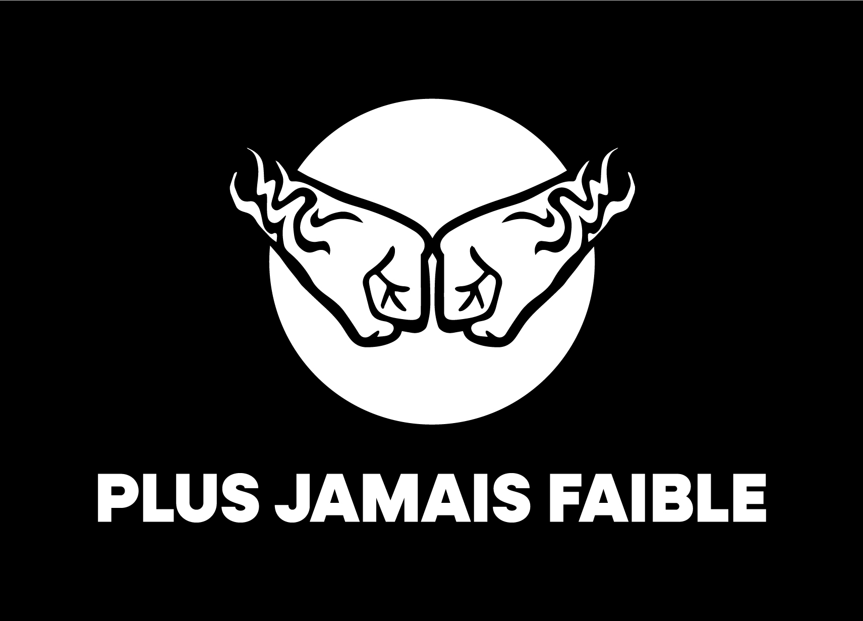 Logo complet Plus Jamais Faible monochrome fond noir