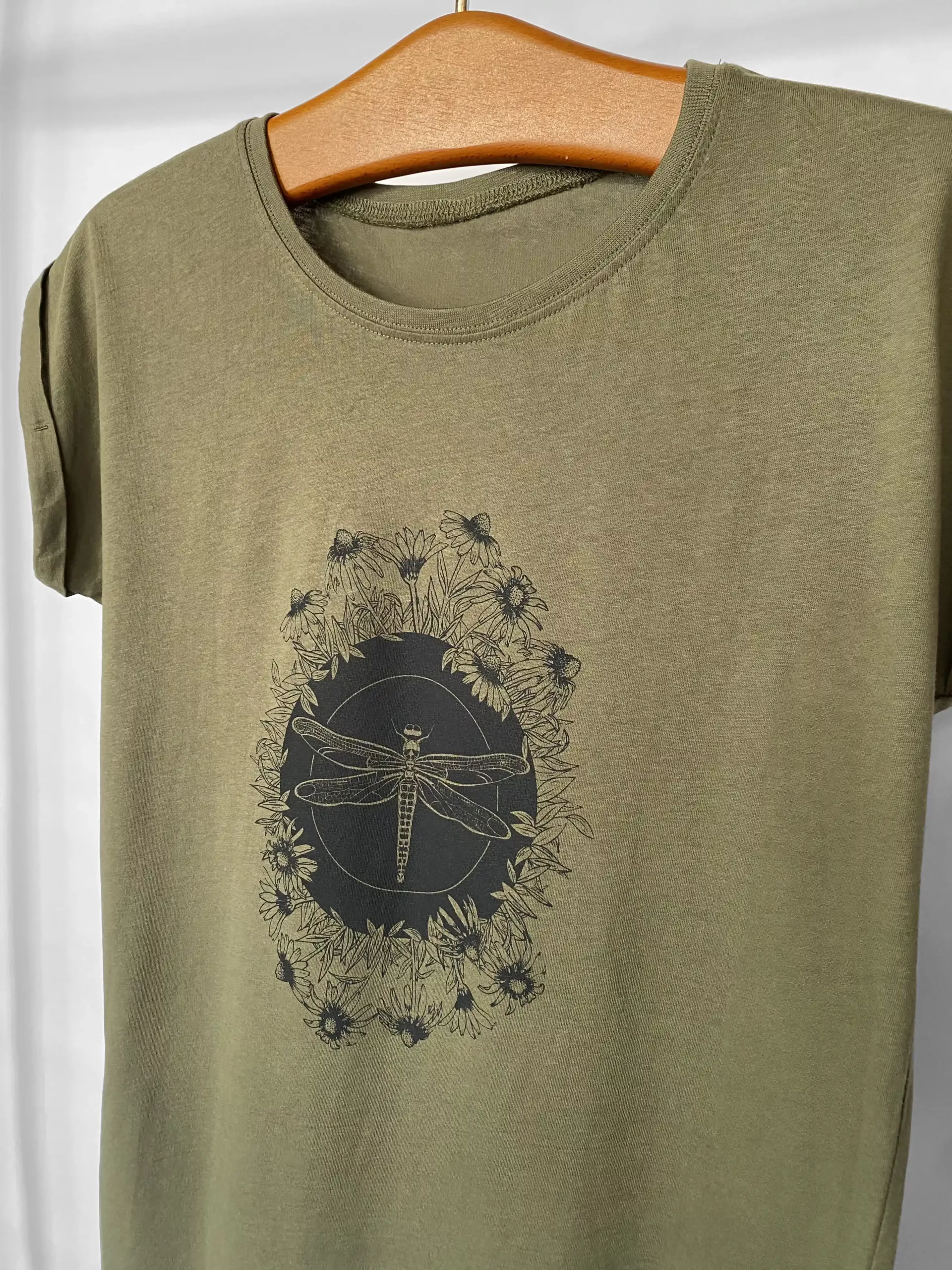 T-shirt femme vert olive motif "Libellule"