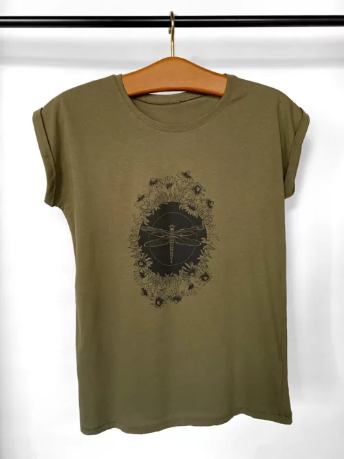 T-shirt femme vert olive motif "Libellule"