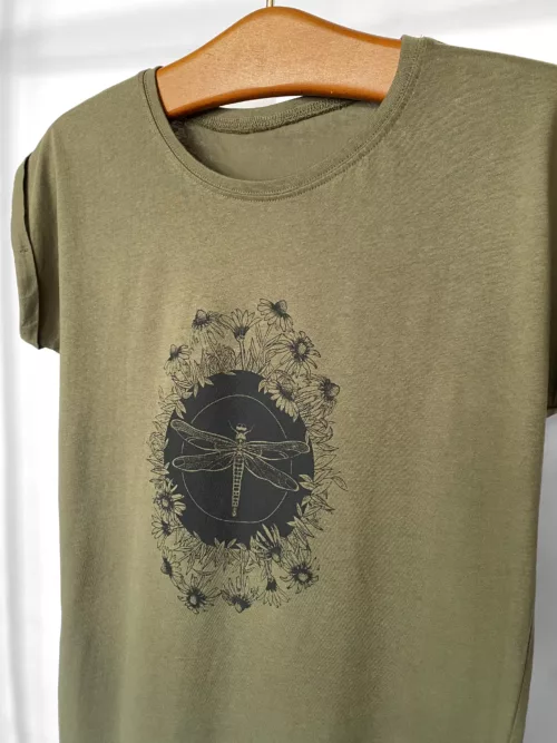 T-shirt femme vert olive motif "Libellule"