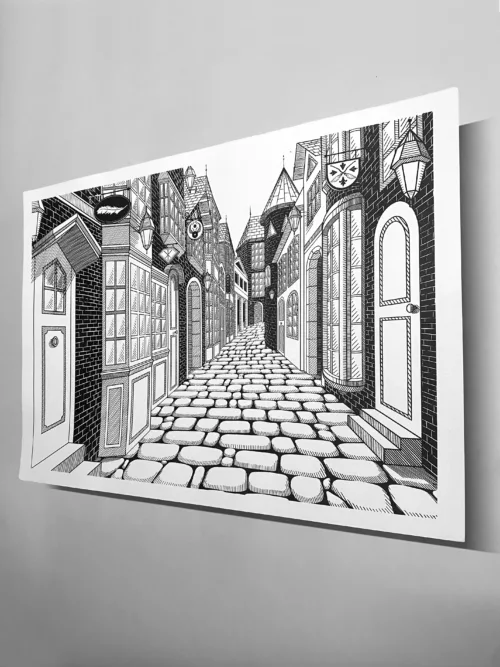 Affiche motif "Old Street" noir et blanc