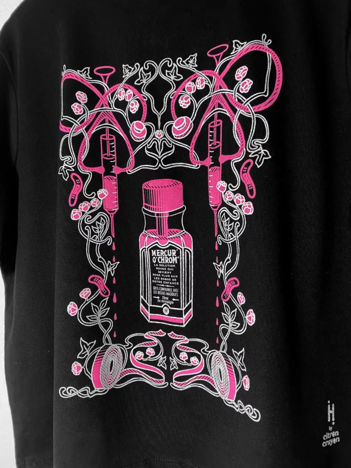 T-shirt femme noir motif "Souvenir #1" - rose